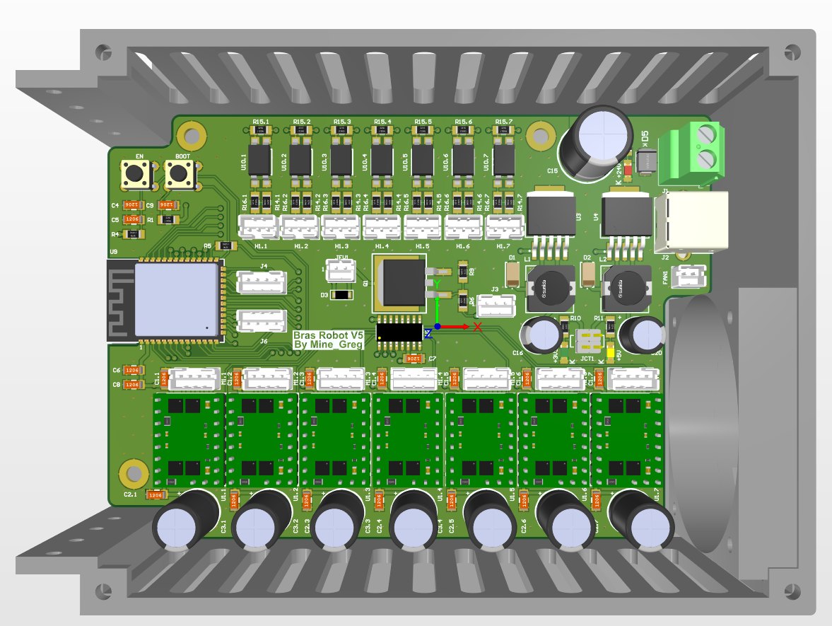 Bras robot 6/7 axes — carte de commande (rendu PCB, ESP32 et 7 drivers)